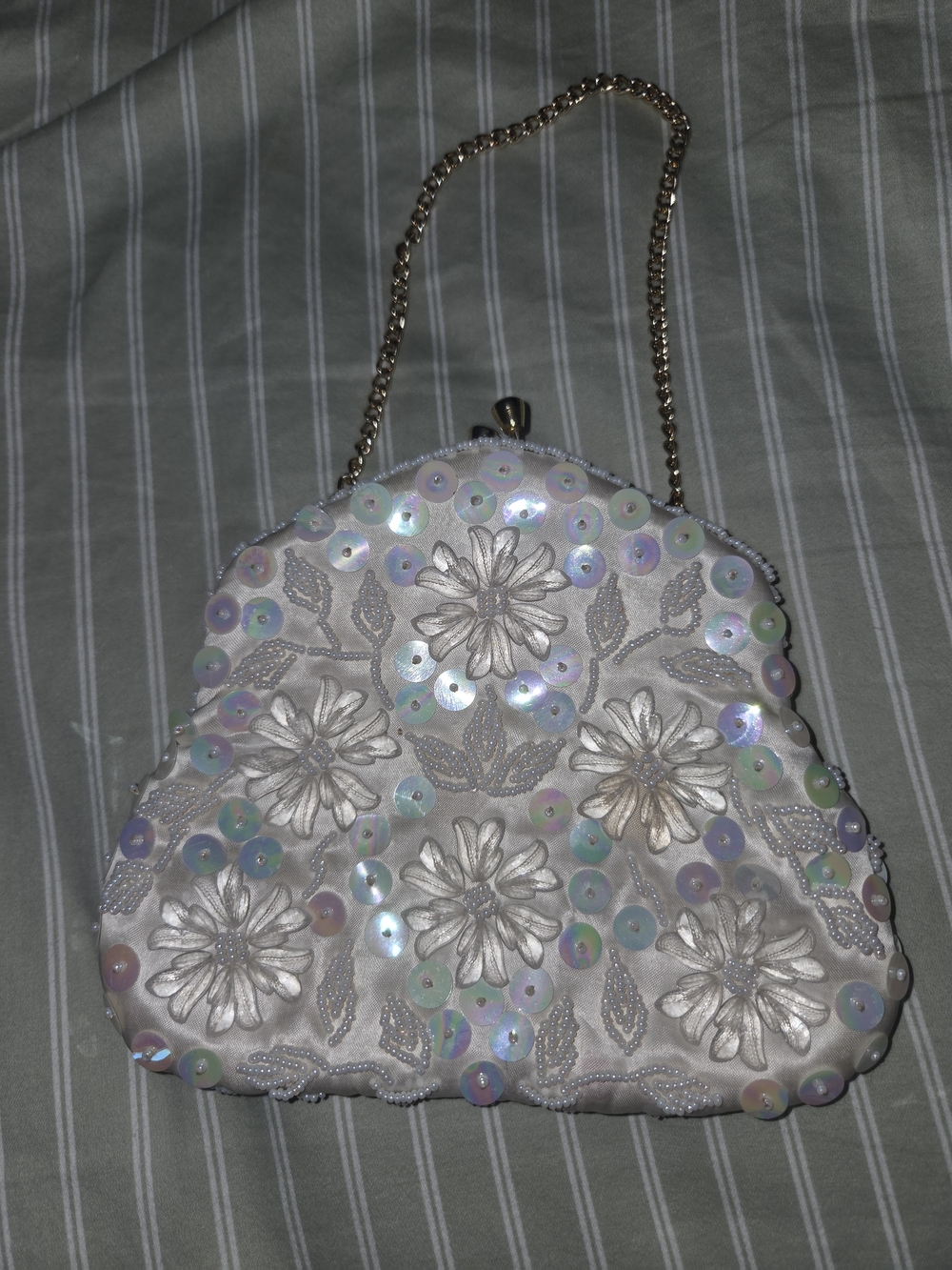 Vintage Embellished Ivory Floral Sequin Evening Clutch